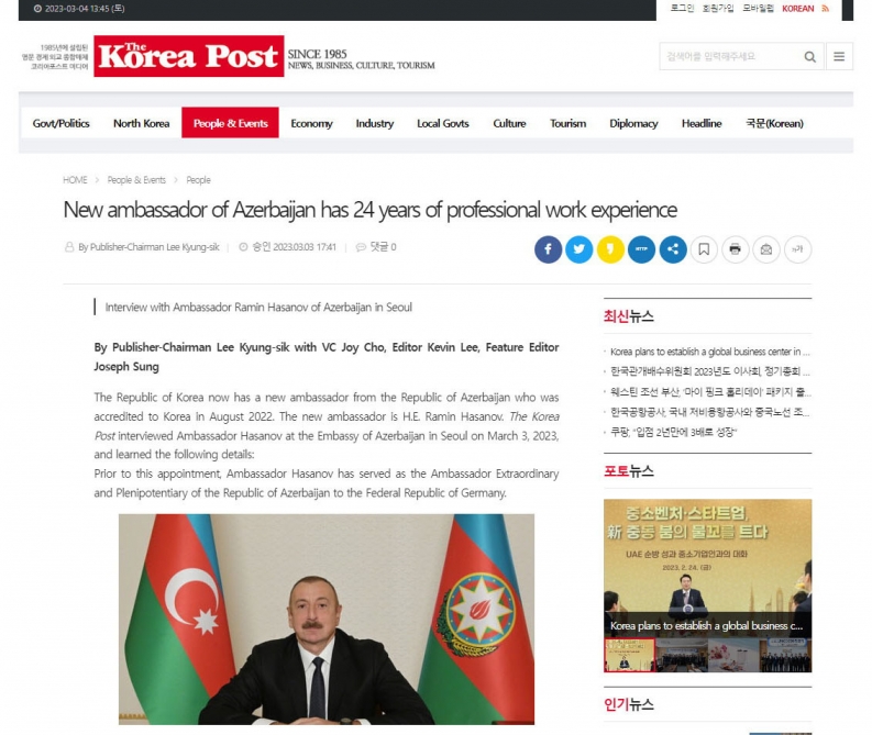 “The Korea Post” qəzeti Ermənistan-Azərbaycan normallaşma prosesindən yazıb