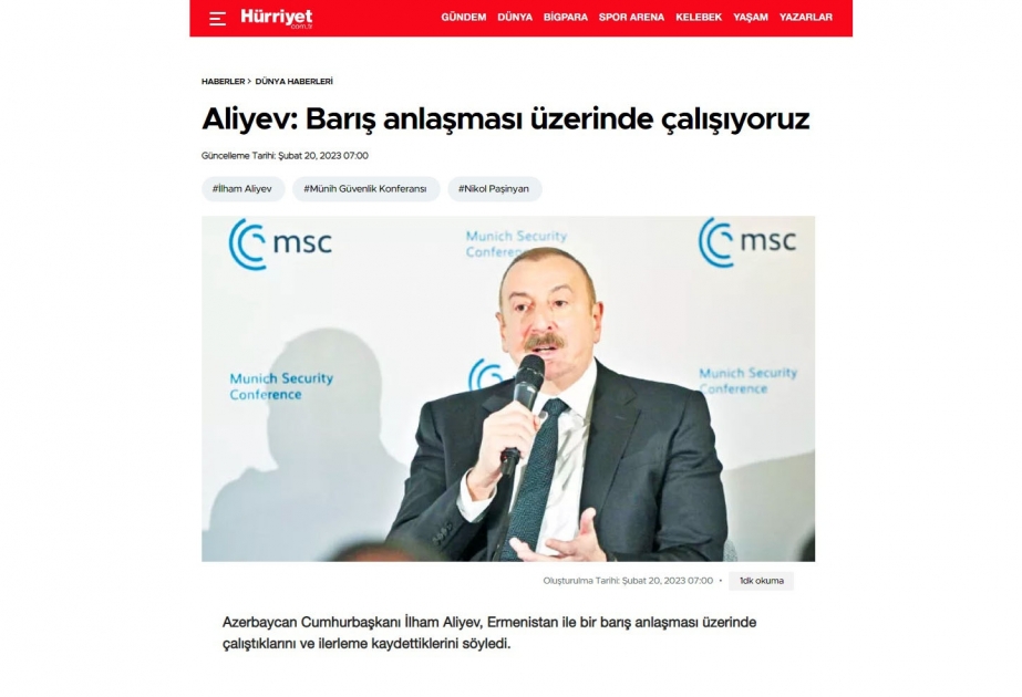 “Hürriyet” qəzeti Azərbaycan Prezidentinin Münxen Konfransındakı çıxışından yazıb